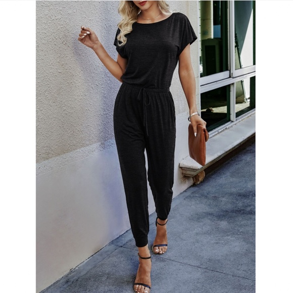 Casual Black Jumpsuit Drawstring Waist - Picture 3 of 17